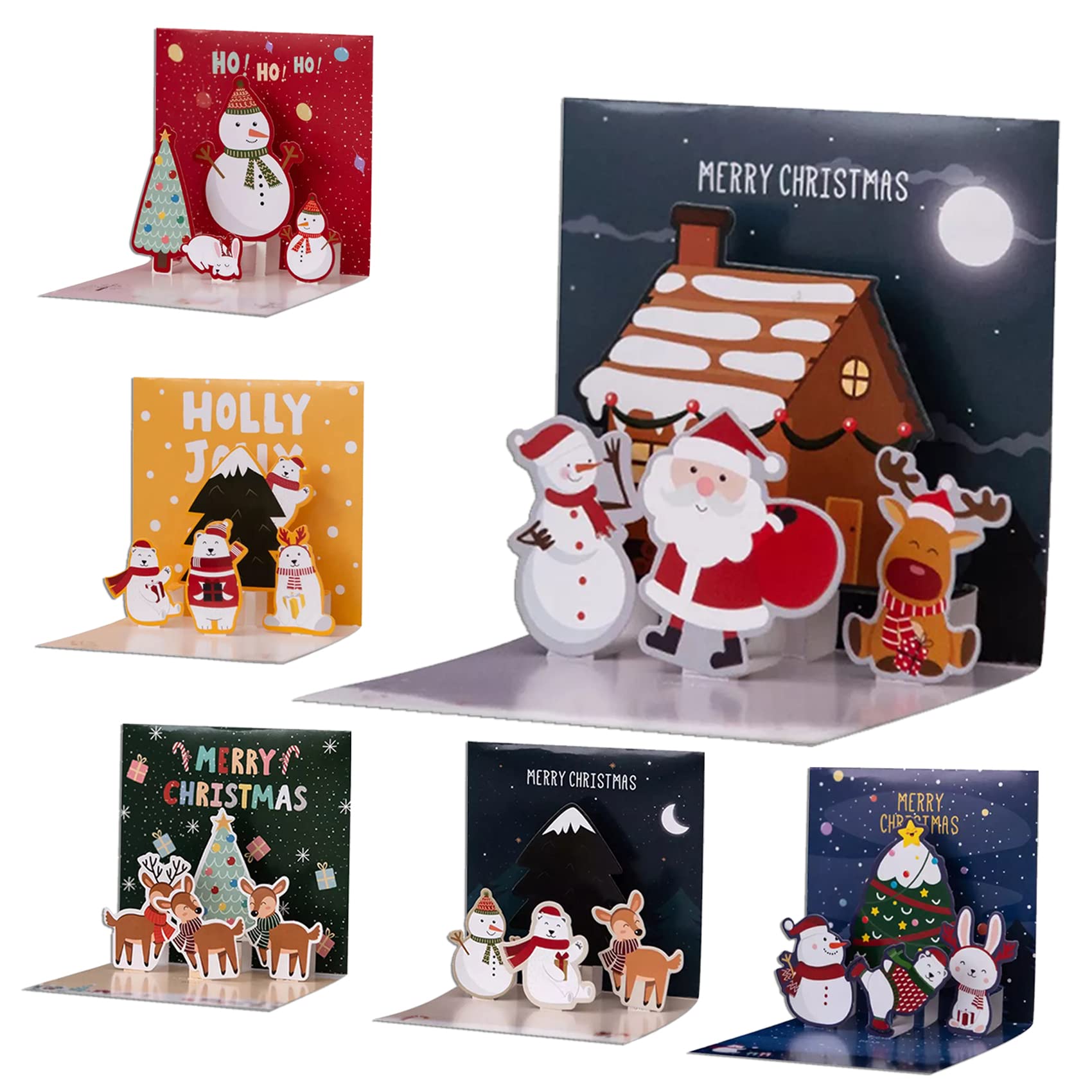 Christmas Cards, 6 Pack Small Pop Up Christmas Gift Card with Envelopes Stickers, 3D Cute Holiday Greeting Cards Santa Snowman Reindeer Xmas Tree Bulk Set Christmas Cards for Kids 4.3x4.3inch