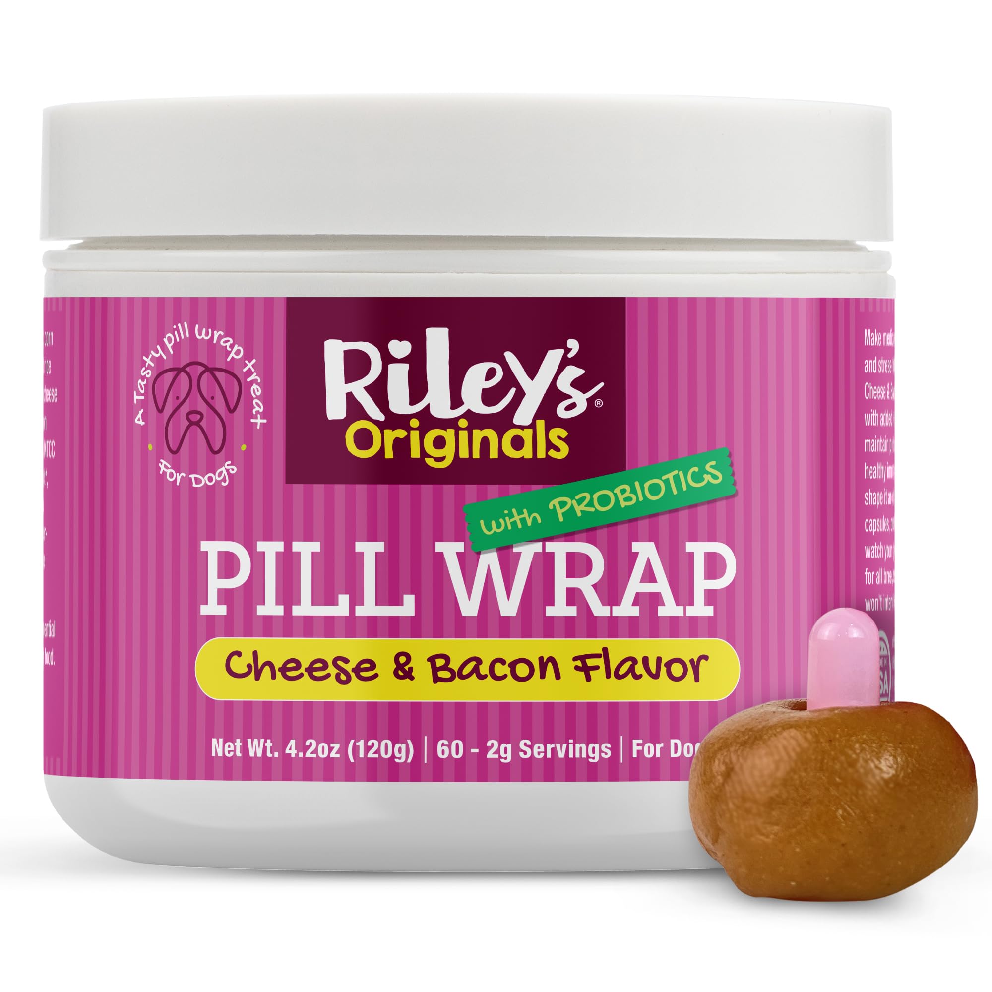 Riley's Pill Wrap for Dogs with Probiotics - Delicious Cheese & Bacon Flavored Pill Paste for Dogs - Wrap Pills, Capsules, Tablets in a Pocket or Pouch to Mask the Taste & Make Pill Time Easy - 4.2 oz