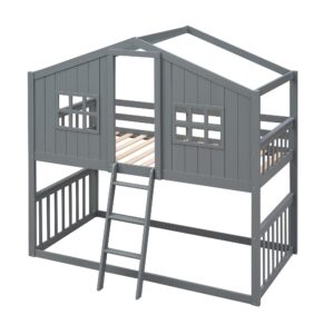 Harper & Bright Designs House Bunk Beds, Twin Over Twin Bunk Bed with Roof, Ladder and Windows, Floor Bunk Bed, Low Bunk Loft Bed for Kids Teens Boys & Girls, Gray