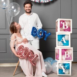 RUBFAC Baby Boxes with Letters for Baby Shower White Clear Block Box Transparent Balloon Boxes Birthday Party Decoration Gender Reveal Gift Box