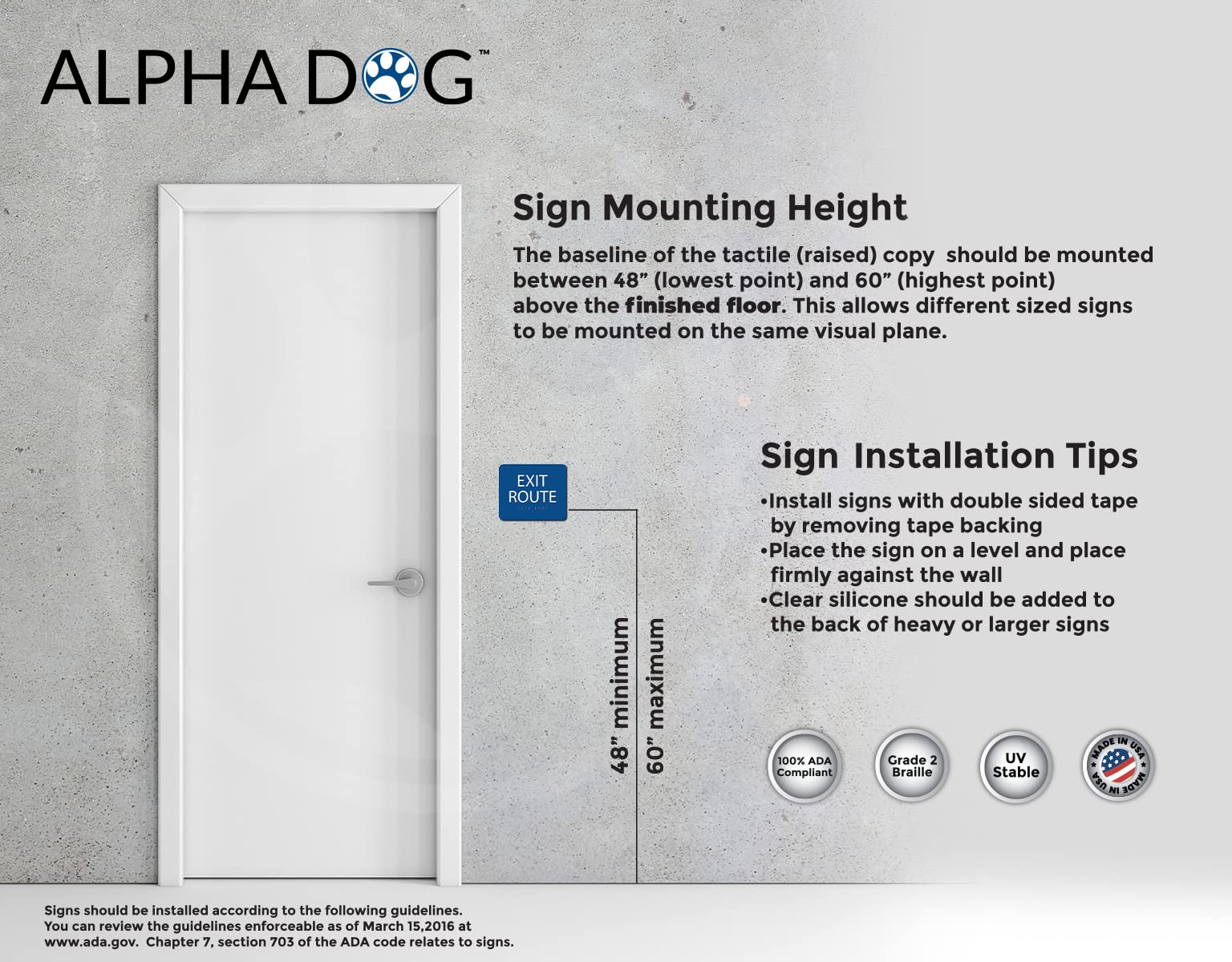 ALPHA DOG ADA SIGNS - Exit Route Sign with Braille for Your Business, 5x6 Inch, ADA Compliant, Indoor or Outdoor, Easy Installation, Made in the USA, Blue