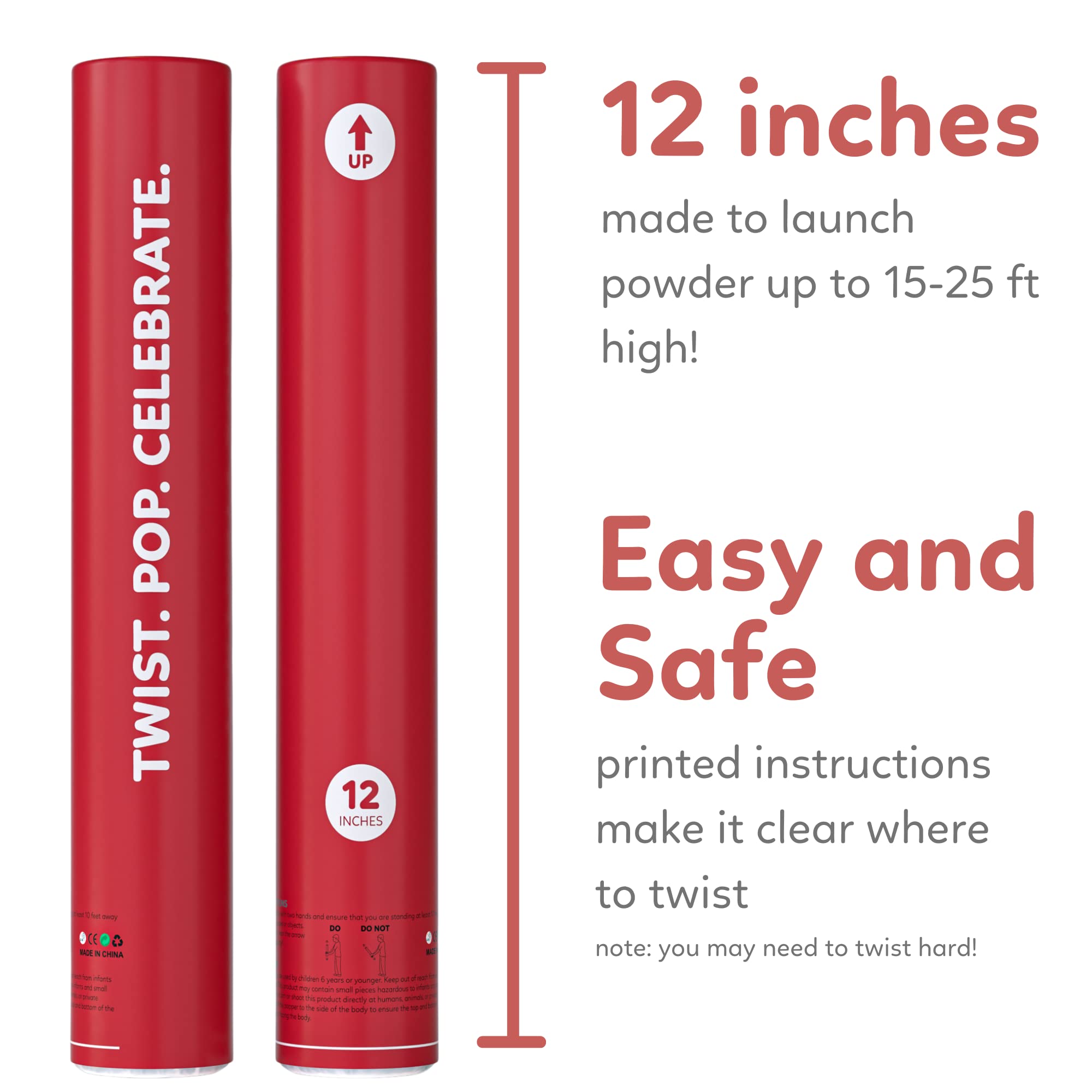 2 Pack Red Powder Poppers Biodegradable Powder Cannons | TUR Party Supplies | Red Biodegradable Powder | Launches up to 25ft | Giant (12 in) | Powder Poppers for Celebrations, Festivals, and Parties