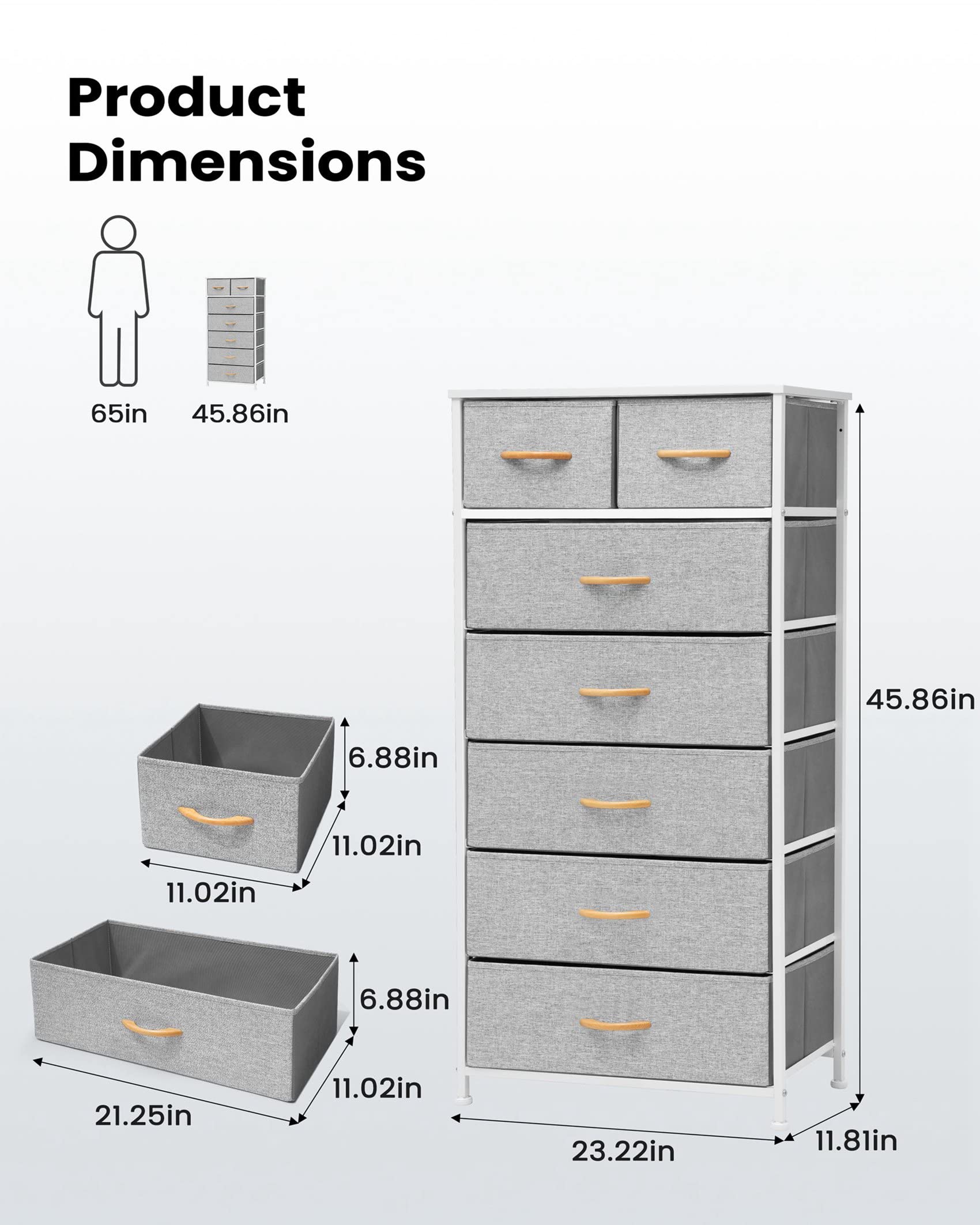 Pellebant Dresser for Bedroom with 7 Drawers, Tall Dresser Vertical Storage Tower, Sturdy Metal Frame, Fabric Storage Bins with Wooden Handle, Wooden Top, Organizer Unit for Closet/Hallway, Light Grey