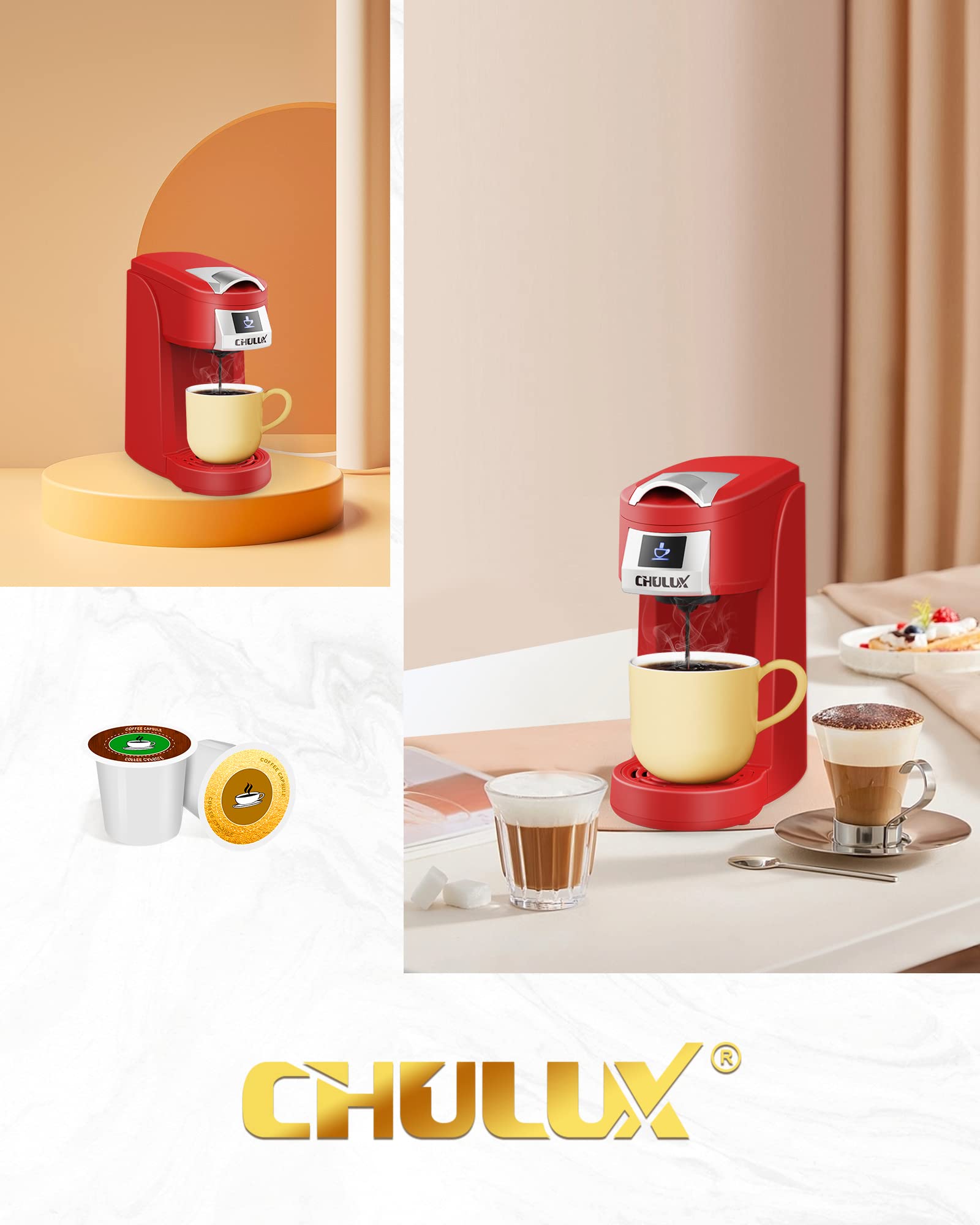 CHULUX Single Serve Coffee Maker, Red Single Cup Coffee Machine for K Cup & Ground Coffee, 5 to 12oz Brew Sizes in Mins for Home, Office, Travel, Kitchen