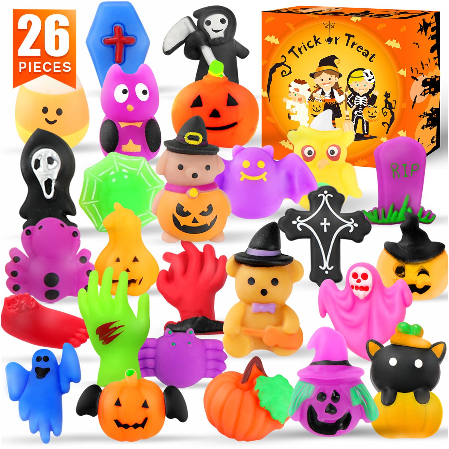 LIAM&AVA Halloween Squishy Toys, 26 PCS Halloween Mochi Squishies Bulk Toy for Girls Boys Kids, Halloween Party Favors, Halloween Trick or Treat Goodie Bags Filler Gifts Decorations