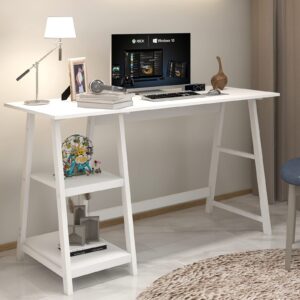 Natwind 51" White Desk with 2-Tier Storage Shelves,Home Office Computer Desk, Study Table for Kids Student Girls,Writing Desk,Modern Simple Basic Desk Workstation for Bedroom Home Office