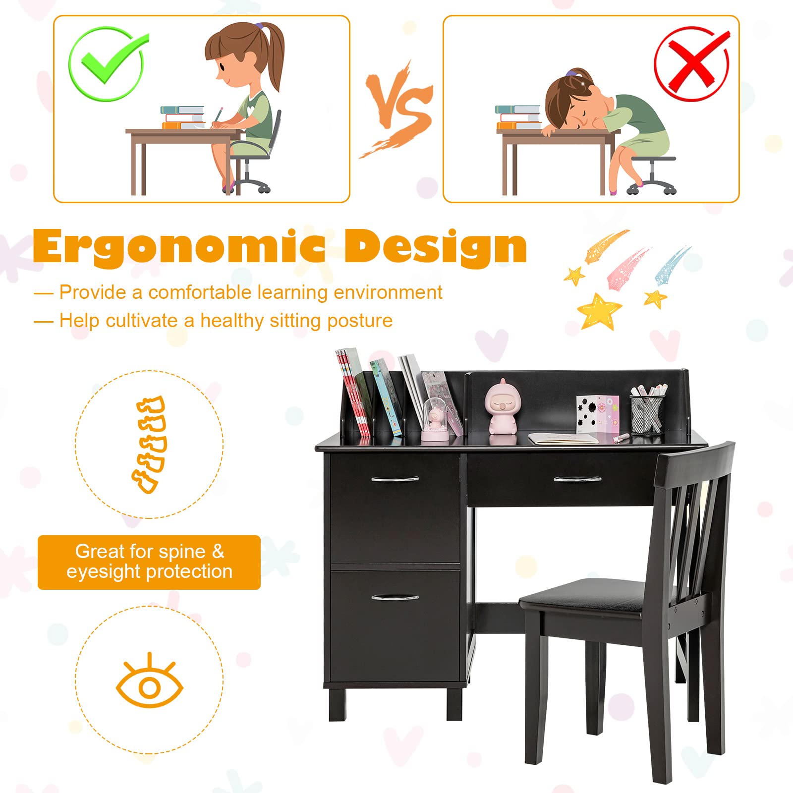 Costzon Kids Desk and Chair Set, Wooden Children School Desk with Hutch, Storage Drawer, Cabinets, Student Writing Desk for 3-8 Years Old, Kids Study Desk for Bedroom, Study Room (Dark Brown)