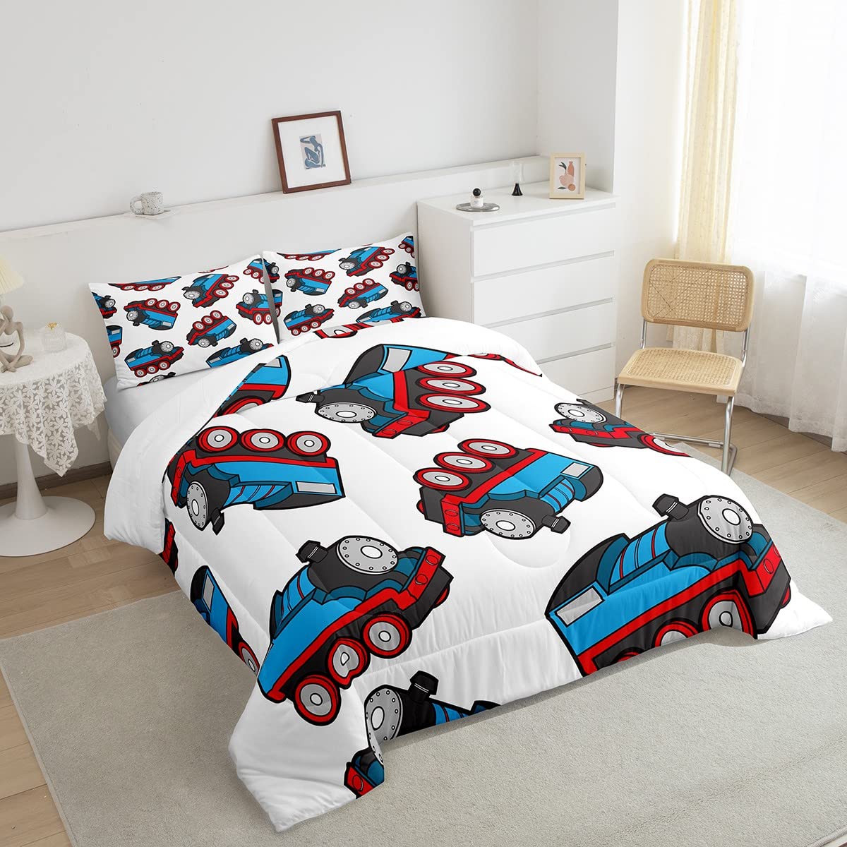 Train Bedding Set Kids Cartoon Car Comforter Set Boys Girls Train Travel Decor Comforter Microfiber Train Construction Red Blue Duvet Set Bedroom Quilt Set Full Size