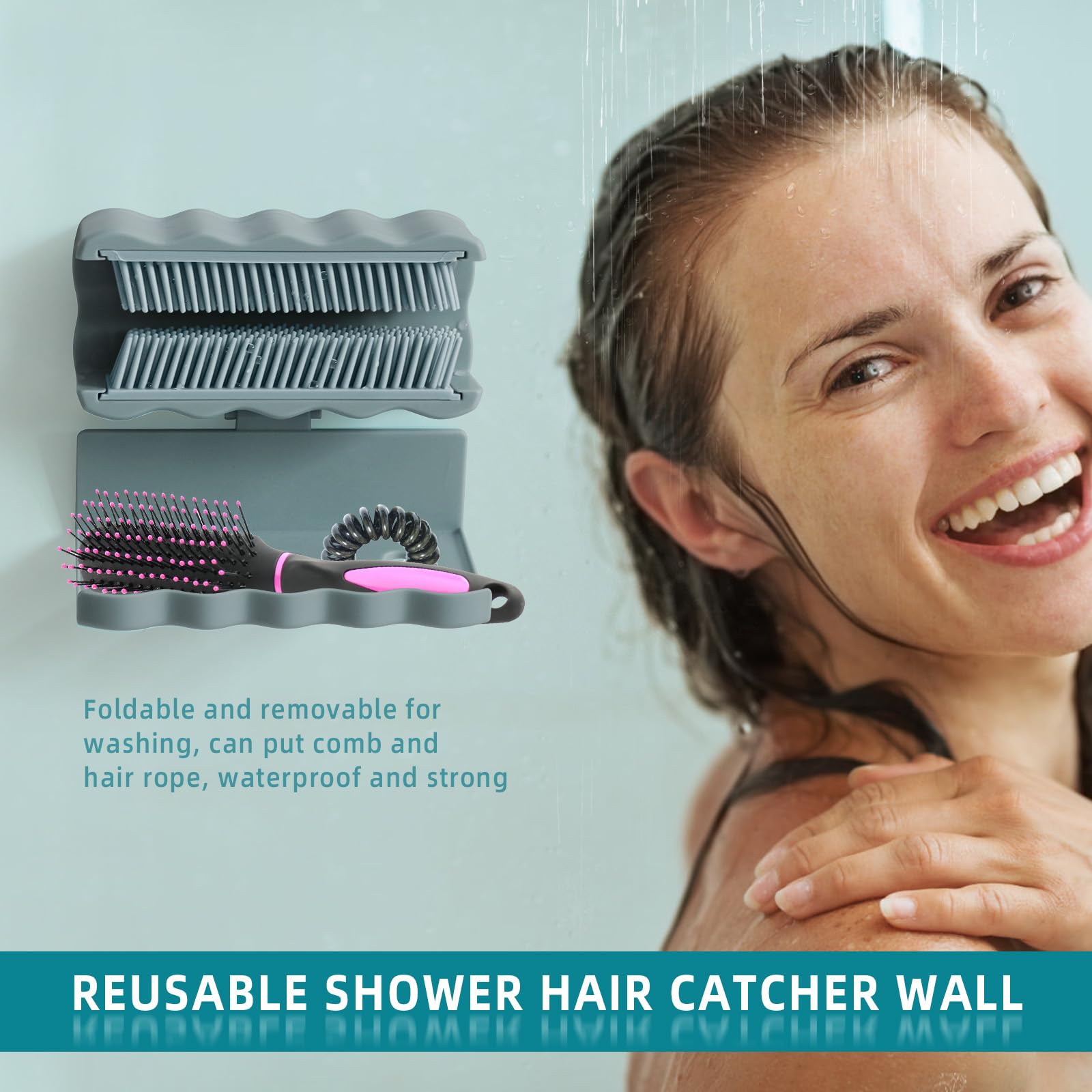 Kucucyle Hair Collector for Shower, 2-in-1 Shower Hair Catcher Wall for Drain Protection, Reusable Wavy Shower Wall Hair Catcher, Foldable Storage Shower Hair Catcher, Snare Protector (Grey)