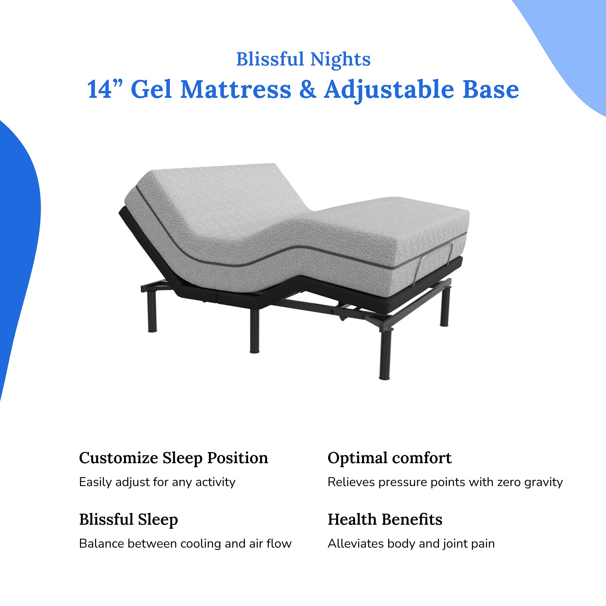 Blissful Nights e4 Twin XL Adjustable Bed Base Frame with 14" Soft Gel Infused Memory Foam Mattress