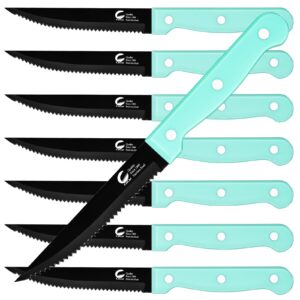 cucut steak knife set of 8, triple rivet stainless steel serrated dinning knives, 4.5 inch sharp black coated blade, dishwasher safe, meat knife for dining camping bbq