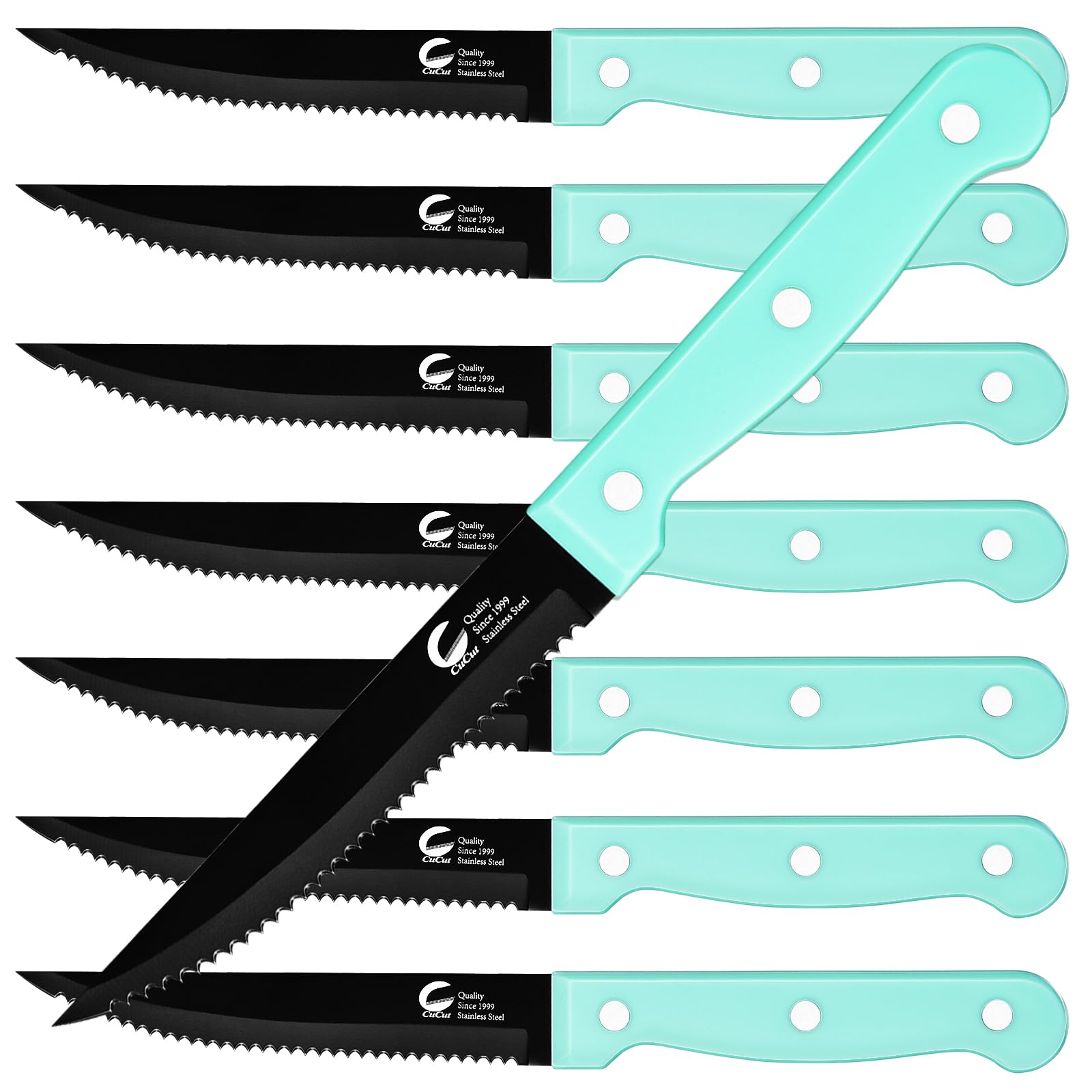 CuCut Steak Knife Set of 8, Triple Rivet Stainless Steel Serrated Dinning Knives, 4.5 Inch Sharp Black Coated Blade, Dishwasher Safe, Meat Knife for Dining Camping BBQ