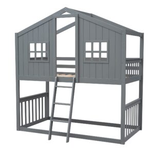 Harper & Bright Designs House Bunk Beds, Twin Over Twin Bunk Bed with Roof, Ladder and Windows, Floor Bunk Bed, Low Bunk Loft Bed for Kids Teens Boys & Girls, Gray