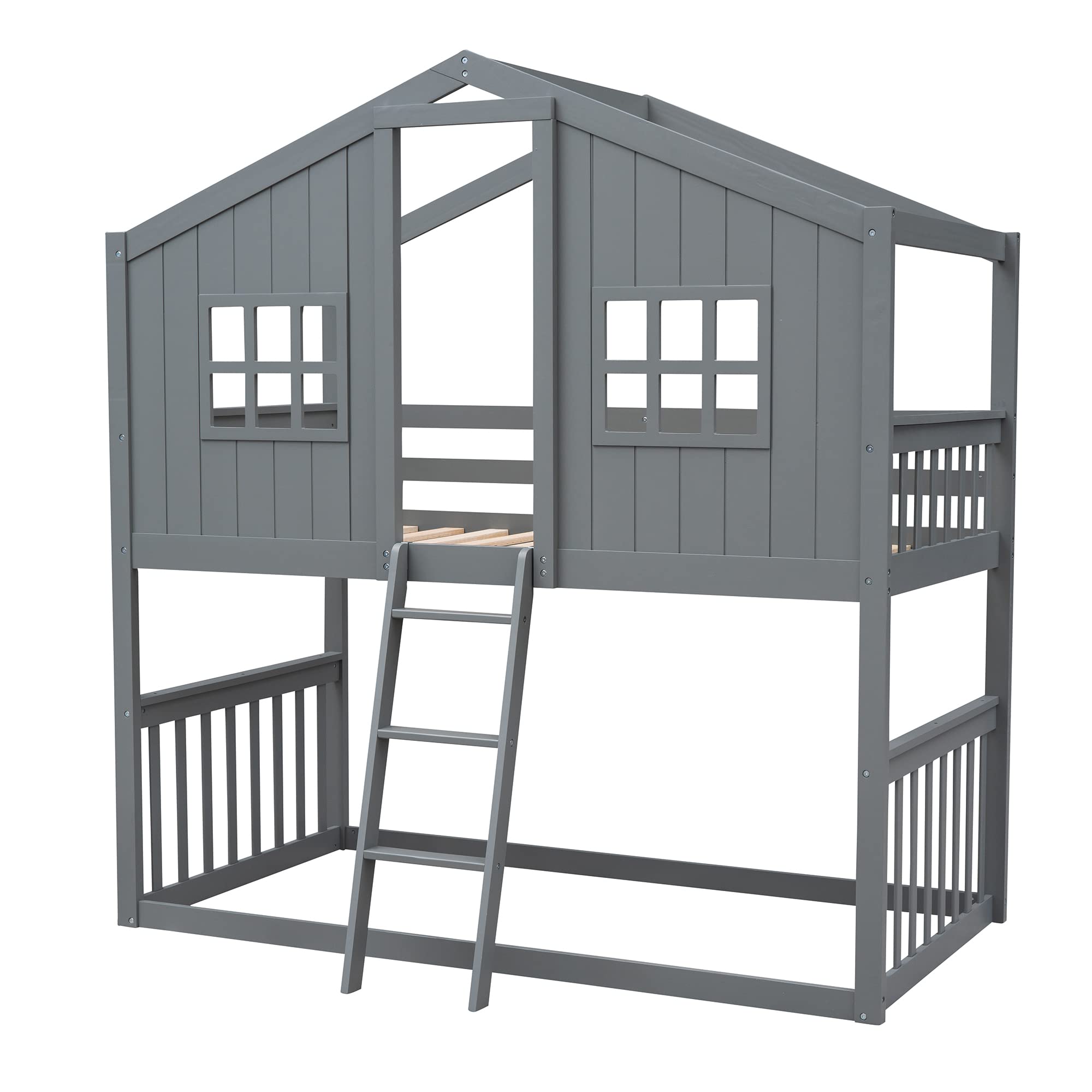 Harper & Bright Designs House Bunk Bed Twin Over Twin Kids Bunk Bed Wood Frame for Girls Boys, Roof Design (Twin Size, Gray)