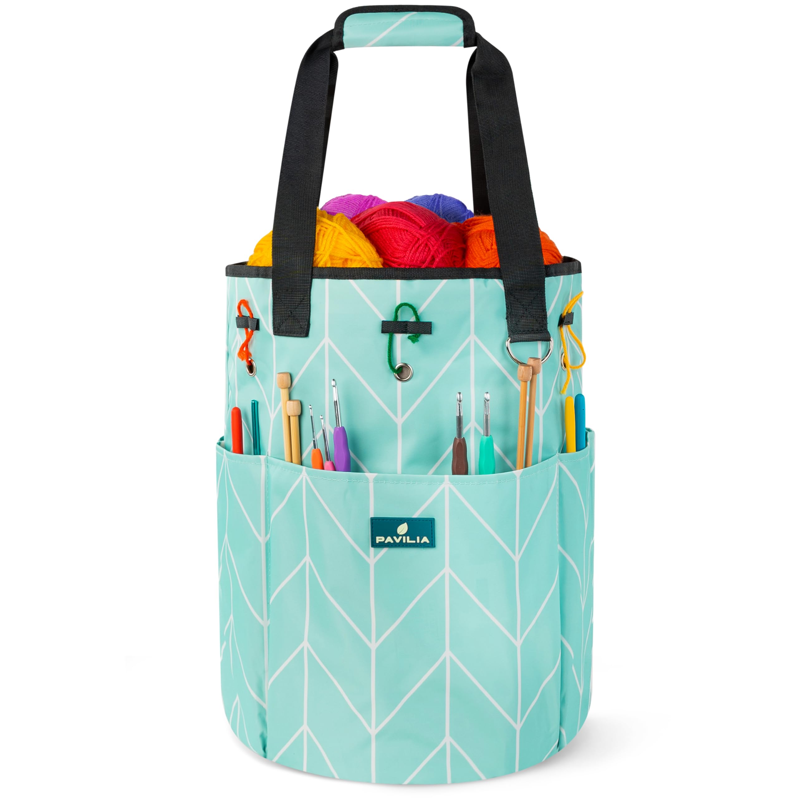 PAVILIA Crochet Bag Knitting Bag Organizer, Yarn Bag Storage Tote for Crocheting On The Go, Knitting Accessories Supplies Holder with Grommets, Gift for Crochet Lovers Knitters (Chevron Teal)