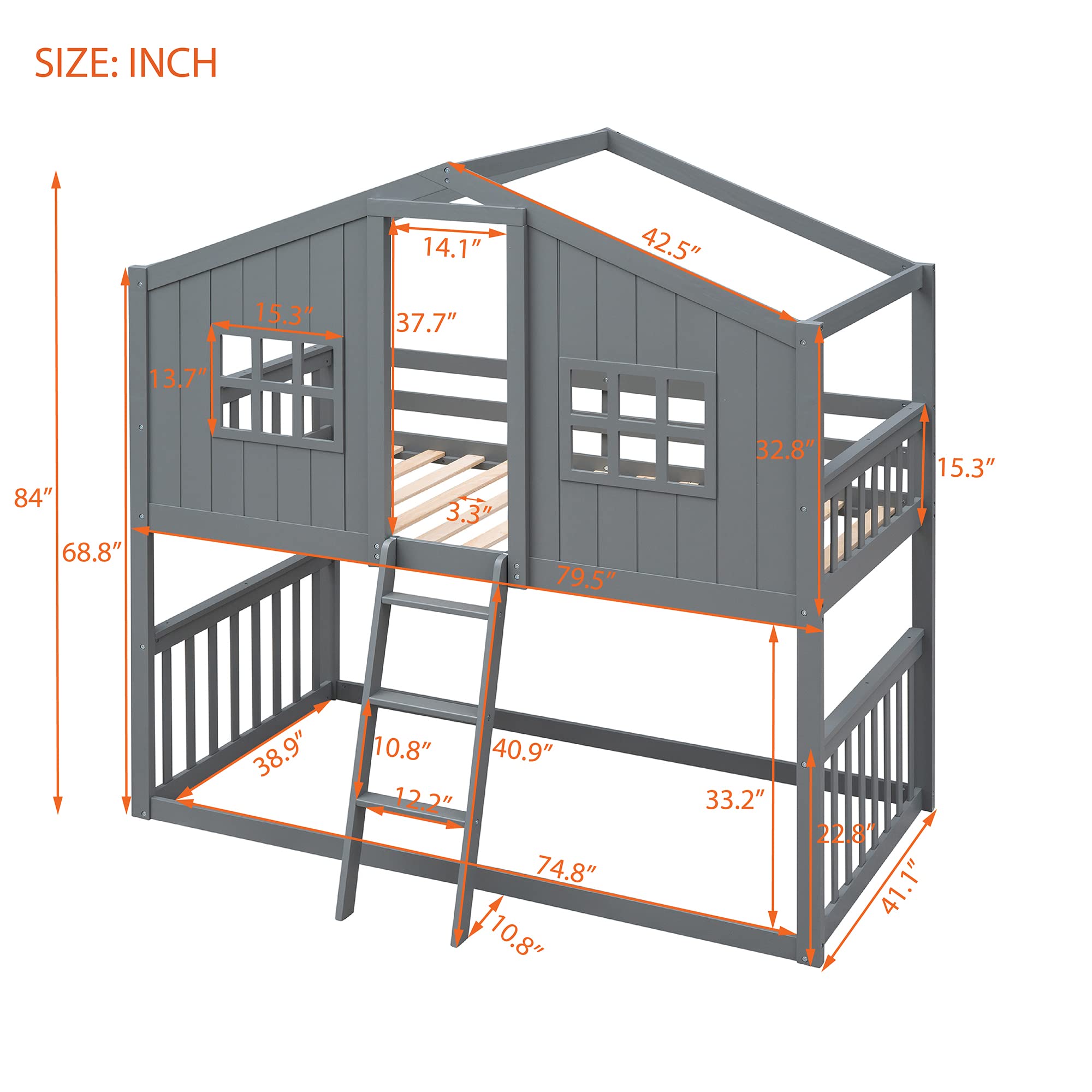 Harper & Bright Designs House Bunk Beds, Twin Over Twin Bunk Bed with Roof, Ladder and Windows, Floor Bunk Bed, Low Bunk Loft Bed for Kids Teens Boys & Girls, Gray