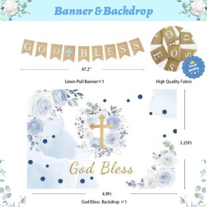 Fiesec Baptism Decorations for Boys, First Communion Christening Party Decorations God Bless Backdrop Balloon Garland Arch Linen Banner Poster Cake Cupcake Topper White Gold Blue