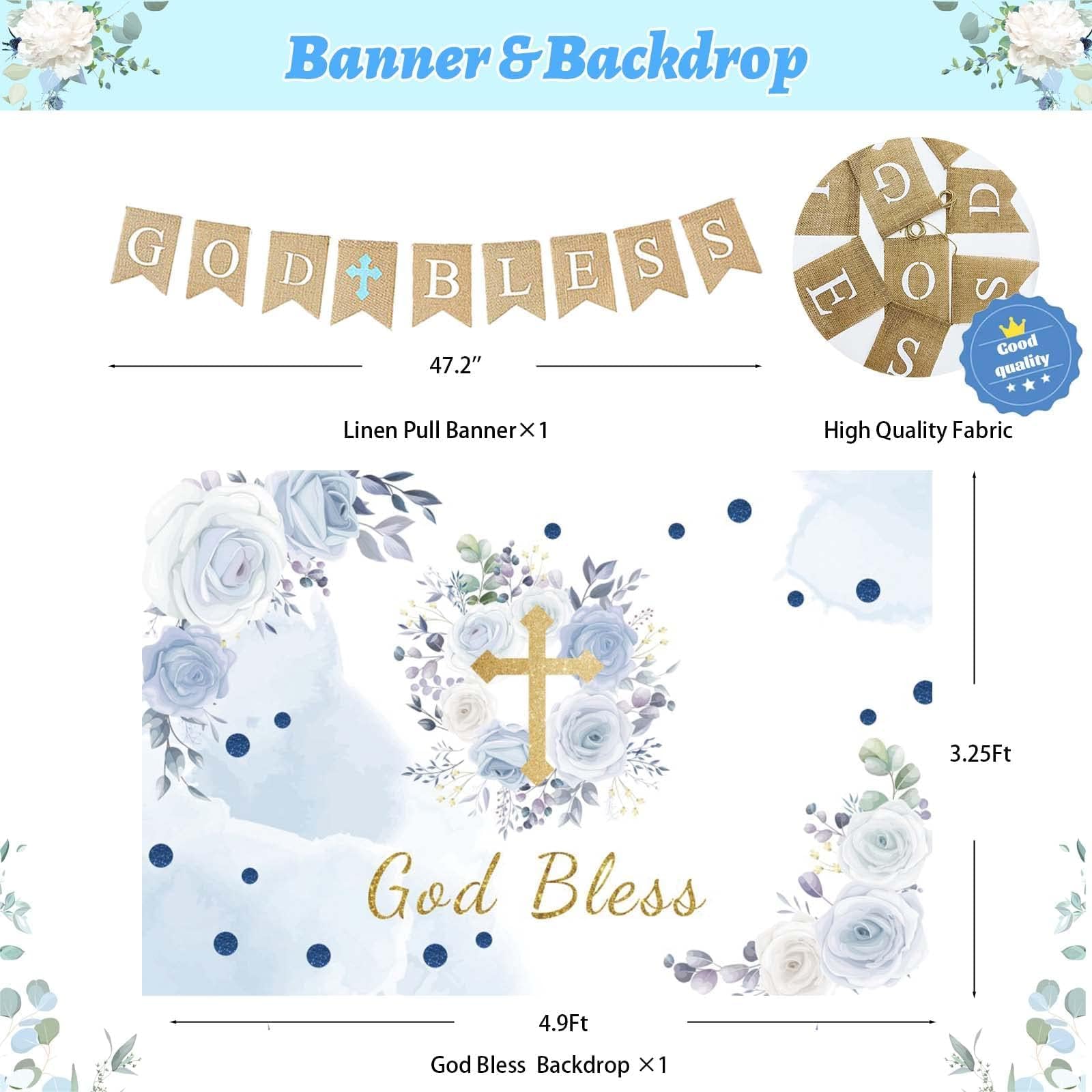 Fiesec Baptism Decorations for Boys, First Communion Christening Party Decorations God Bless Backdrop Balloon Garland Arch Linen Banner Poster Cake Cupcake Topper White Gold Blue