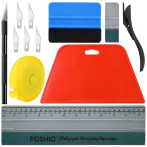 foshio wallpaper smoothing tool kit, red hard squeegee, 11.5 inch wallpaper wrapping squeegee, 4 inch felt squeegee with micro squeegee, safety cutter and craft knife, tape measure vinyl wrap tool kit