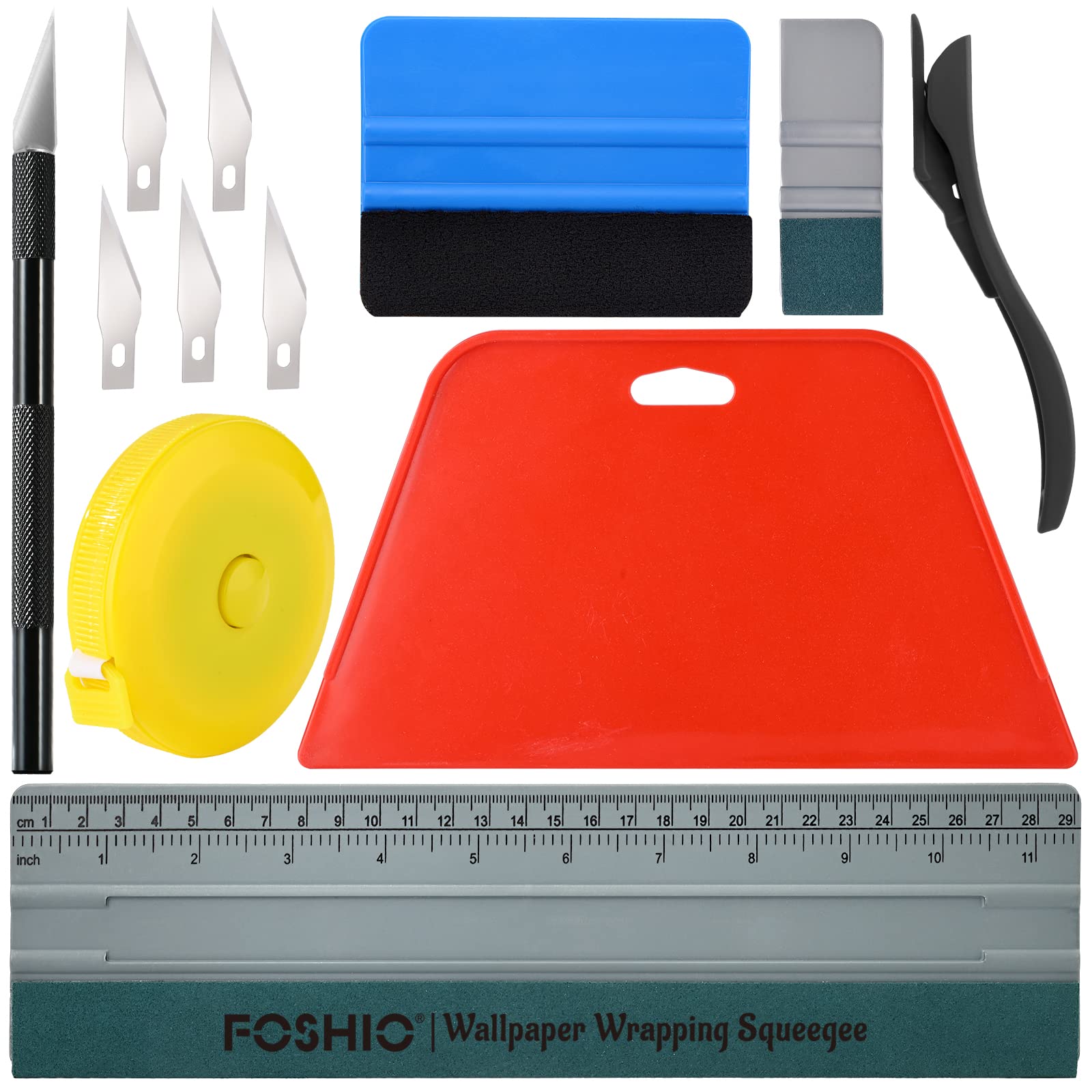 FOSHIO Wallpaper Smoothing Tool Kit, Red Hard Squeegee, 11.5 Inch Wallpaper Wrapping Squeegee, 4 Inch Felt Squeegee with Micro Squeegee, Safety Cutter and Craft Knife, Tape Measure Vinyl Wrap Tool Kit