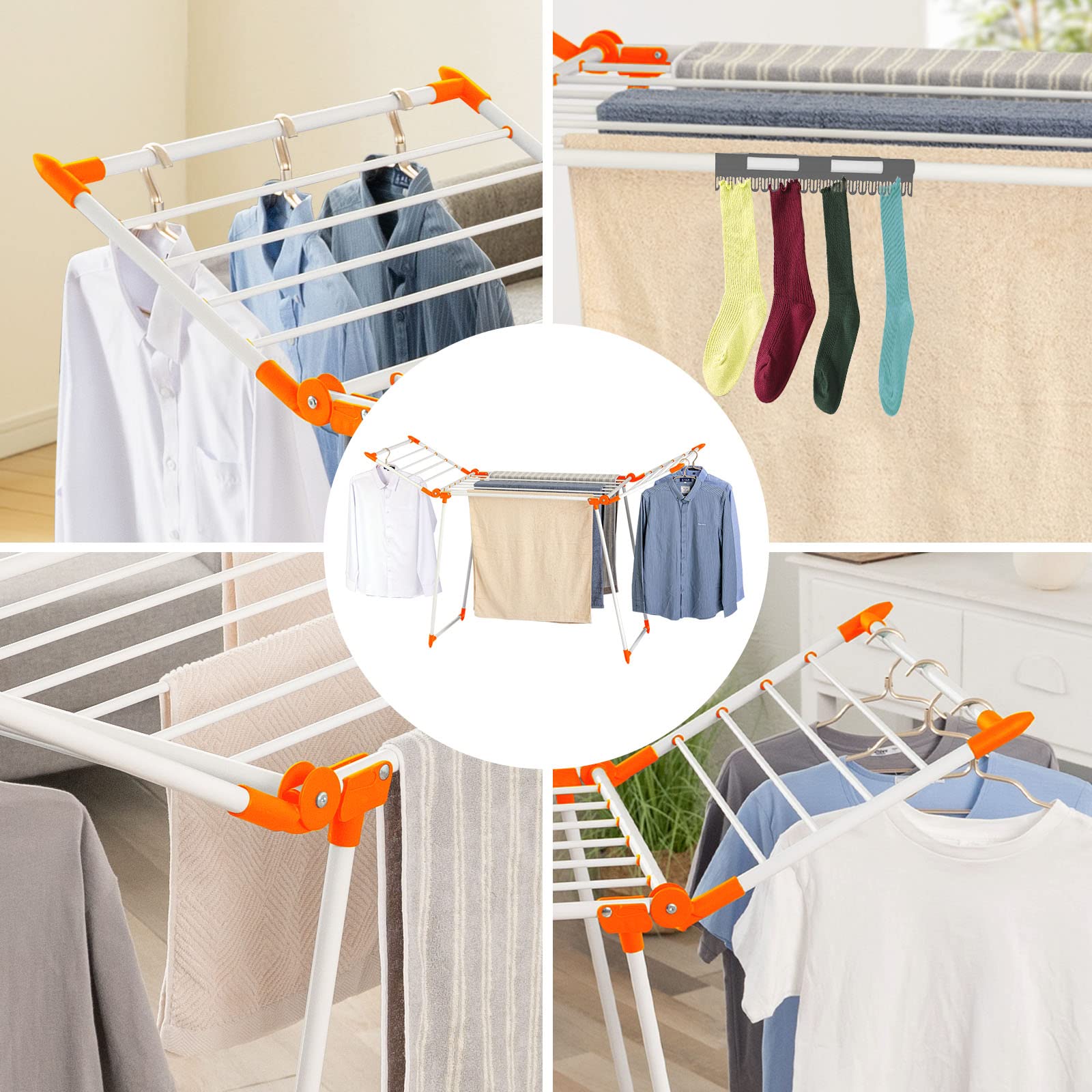 YUBELLES Clothes Drying Rack, Gullwing Laundry Rack, Collapsible, Space-Saving Laundry Rack, with Bonus Sock Clips, for Clothes, Towels, Linens, Indoor/Outdoor, Orange