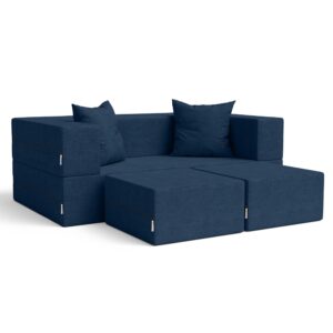 Jaxx Zipline Convertible Sleeper Loveseat & Ottomans, Textured Microvelvet - Indigo