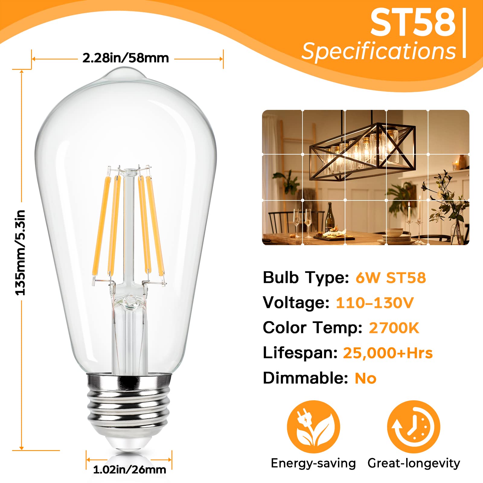 Brightever 4-Pack Vintage LED Edison Bulbs 60W Equivalent, 6W ST58 2700K Warm White Antique LED Filament Bulbs, E26 Medium Base, Clear Glass Style for Home and Commercial, Non-dimmable