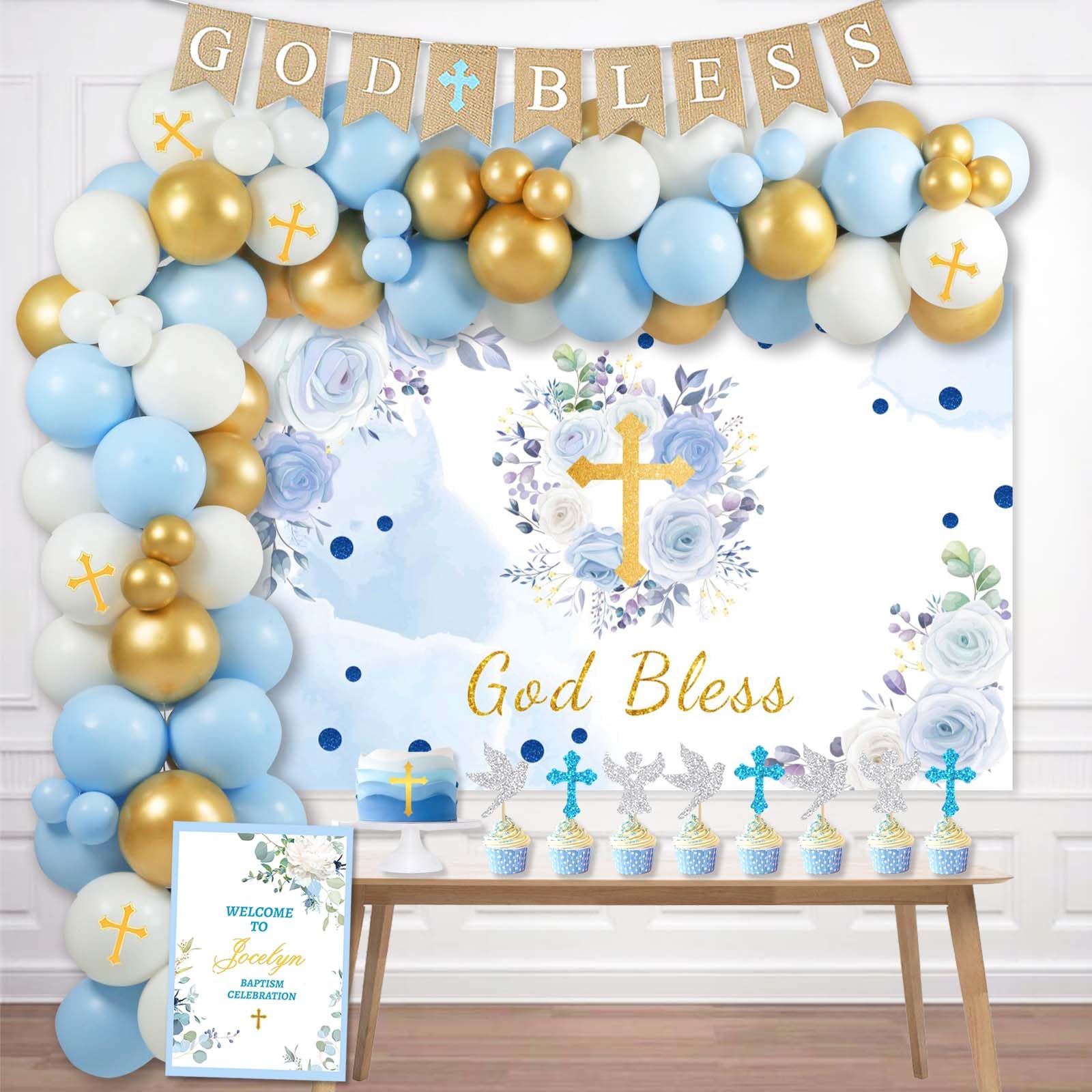 Fiesec Baptism Decorations for Boys, First Communion Christening Party Decorations God Bless Backdrop Balloon Garland Arch Linen Banner Poster Cake Cupcake Topper White Gold Blue