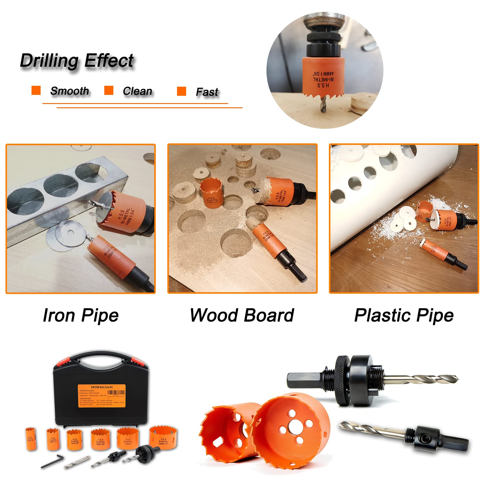 VIKITON Hole Saw Kit for Metal and Wood Plastic Project, Hole Saw Set with Case, 7/8 in to 2-1/2 in, Bi-Metal Hole Cutter with Flat and Smooth Cutting Drilling Edge, Fast Chip Removal