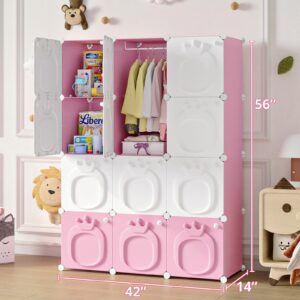 MAGINELS Kids Wardrobe Closet,Baby Closet Cabinet with Door.Baby Girls Closet Armoires Organizer for Bedroom.Two Open Hanging Children Costume Area and 8 Cube Stroage.Pink(42x14x56inch)