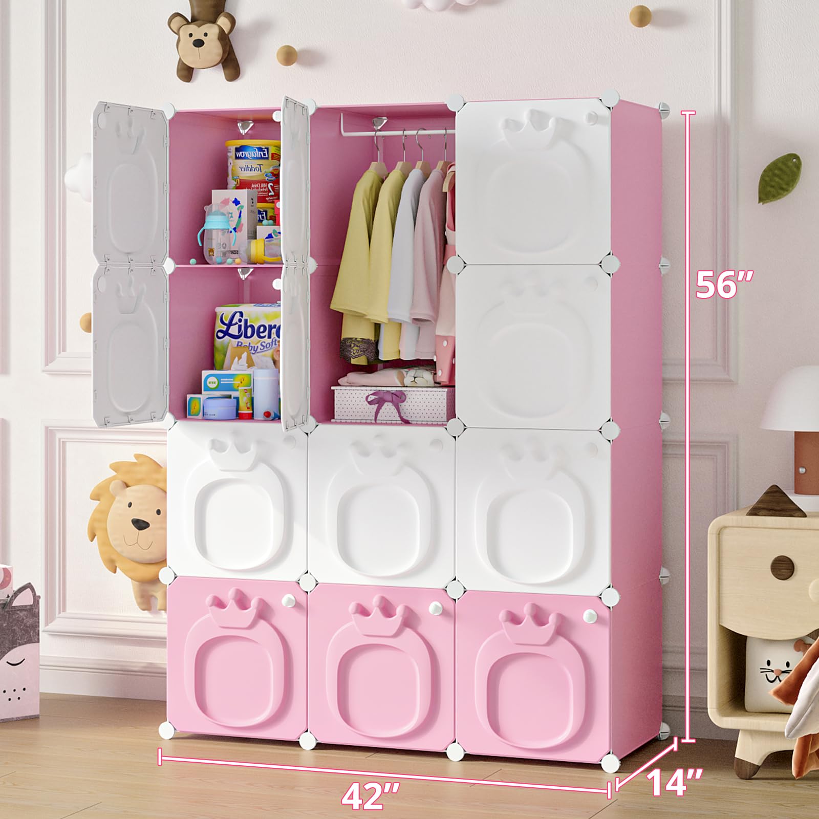 MAGINELS Kids Wardrobe Closet,Baby Closet Cabinet with Door.Baby Girls Closet Armoires Organizer for Bedroom.Two Open Hanging Children Costume Area and 8 Cube Stroage.Pink(42x14x56inch)