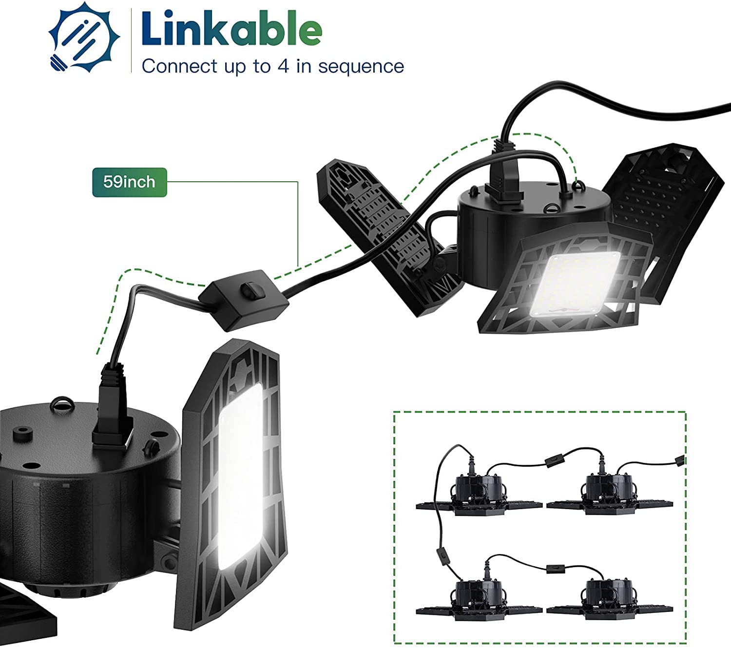 ANYPOWK Plug in Linkable LED Garage Light with ON/Off Switch - 6000 Lumen 6500K Daylight 60W, Three Leaf Led Garage Ceiling Lights, Pack of 2