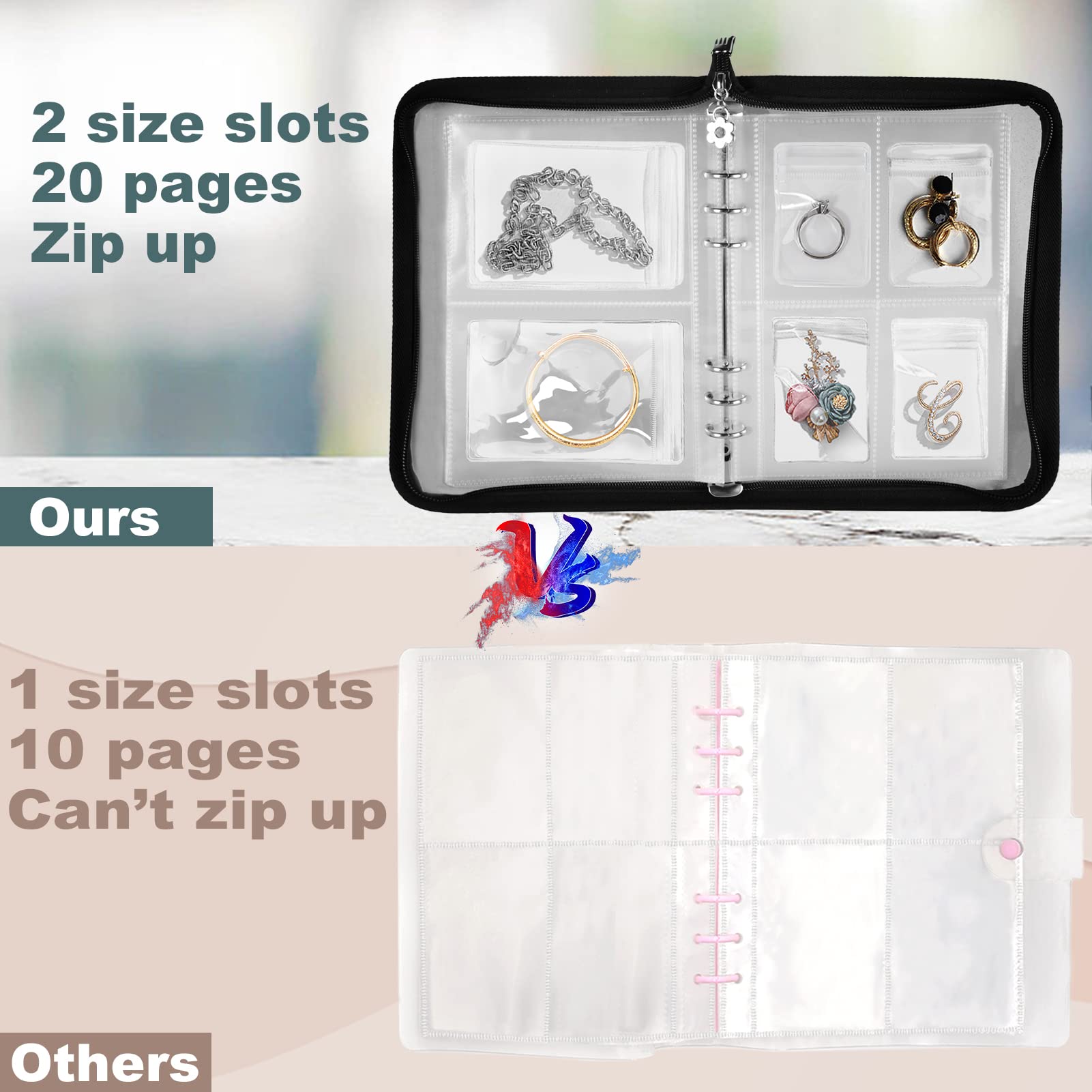 Travel Jewelry Organizer Transparent Jewelry Storage Book Set with Anti-oxidation Pocket Traveling Necklace Earring Organizer for Ring, Bracelets, Postcard (120 Grids +75 Thicken PVC Zipper Bags)