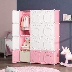 MAGINELS Kids Wardrobe Closet,Baby Closet Cabinet with Door.Baby Girls Closet Armoires Organizer for Bedroom.Two Open Hanging Children Costume Area and 8 Cube Stroage.Pink(42x14x56inch)