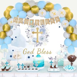 Fiesec Baptism Decorations for Boys, First Communion Christening Party Decorations God Bless Backdrop Balloon Garland Arch Linen Banner Poster Cake Cupcake Topper White Gold Blue