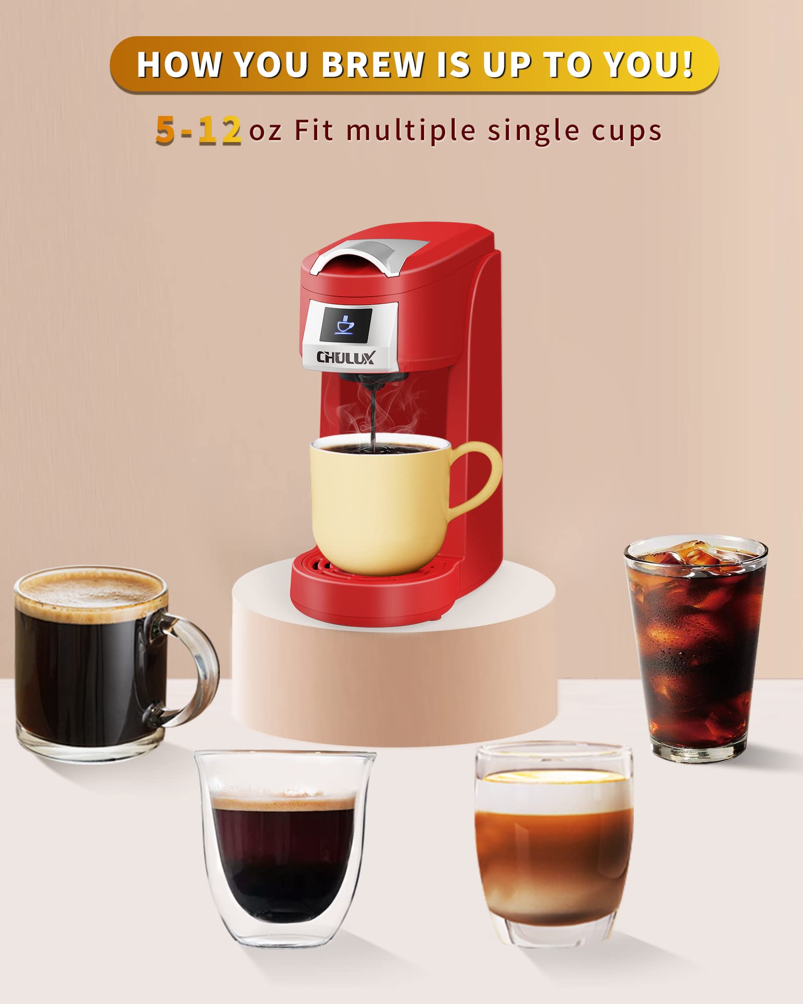 CHULUX Single Serve Coffee Maker, Red Single Cup Coffee Machine for K Cup & Ground Coffee, 5 to 12oz Brew Sizes in Mins for Home, Office, Travel, Kitchen