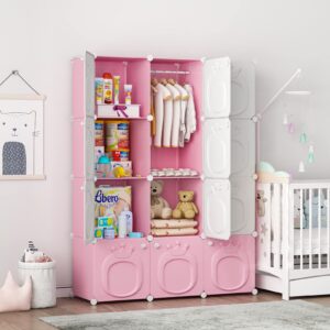 maginels kids wardrobe closet,baby closet cabinet with door.baby girls closet armoires organizer for bedroom.two open hanging children costume area and 8 cube stroage.pink(42x14x56inch)