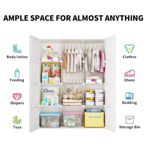 MAGINELS Kids Wardrobe Closet,Baby Closet Cabinet with Door.Baby Girls Closet Armoires Organizer for Bedroom.Two Open Hanging Children Costume Area and 8 Cube Stroage.Pink(42x14x56inch)