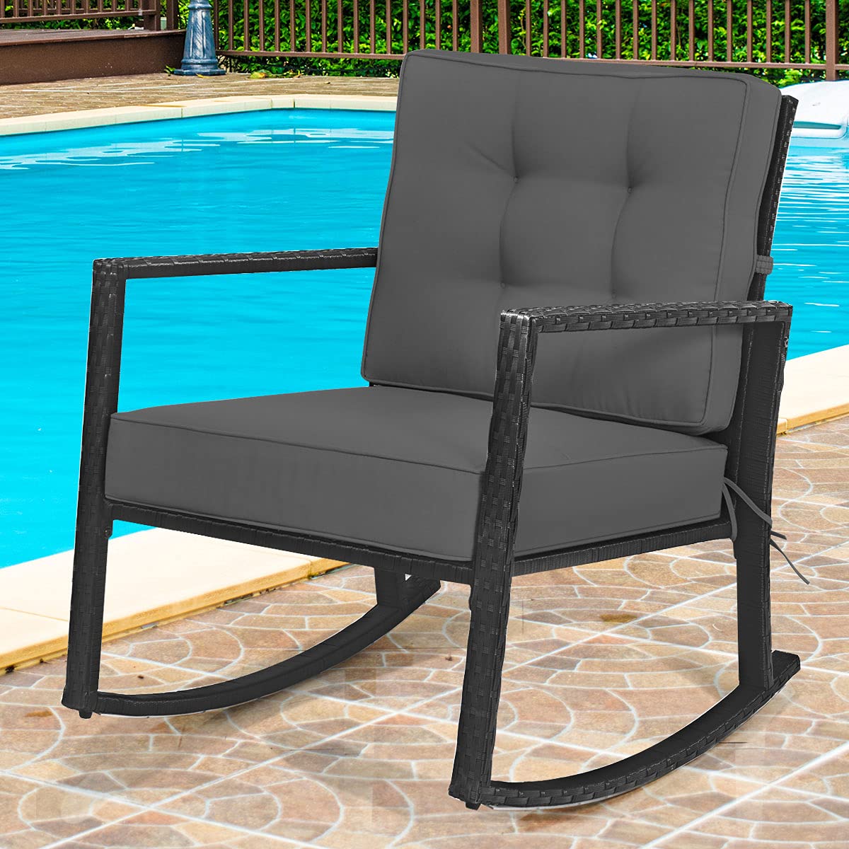 RELAX4LIFE Wicker Outdoor Rocking Chair - All Weather Rattan Rocker Patio Chair w/Steel Frame Removable Cushions & Armrest, Rocker Chair Outdoor Furniture for Backyard Porch Poolside (1, Grey)