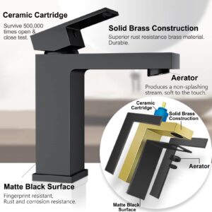 Solid Brass Black Bathroom Faucet, cUPC Certified 1 Hole Faucet for Bathroom Sink, Lead-Free Finished Single Hole Bathroom Sink Faucet with Water Supply Hoses & Pop Up Drain Stopper