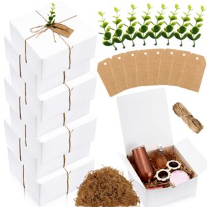 crtiin 26 pcs gift box set 8 bridesmaid proposal box 8 wedding gift kraft paper tag 8 eucalyptus 120g leaves paper shred filler 1 rope for christmas birthday(8 x 8 x 4 inch,white, khaki)