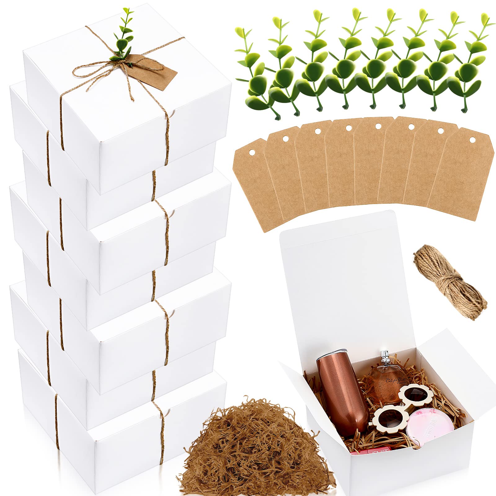 Crtiin 26 Pcs Gift Box Set 8 Bridesmaid Proposal Box 8 Wedding Gift Kraft Paper Tag 8 Eucalyptus 120g Leaves Paper Shred Filler 1 Rope for Christmas Birthday(8 x 8 x 4 Inch,White, Khaki)