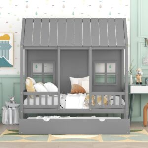 Bellemave Twin House Beds with Trundle for Kids Montessori Bed Wood Playhouse Tent Bed Frame for Girls Boys, Twin Size , Gray