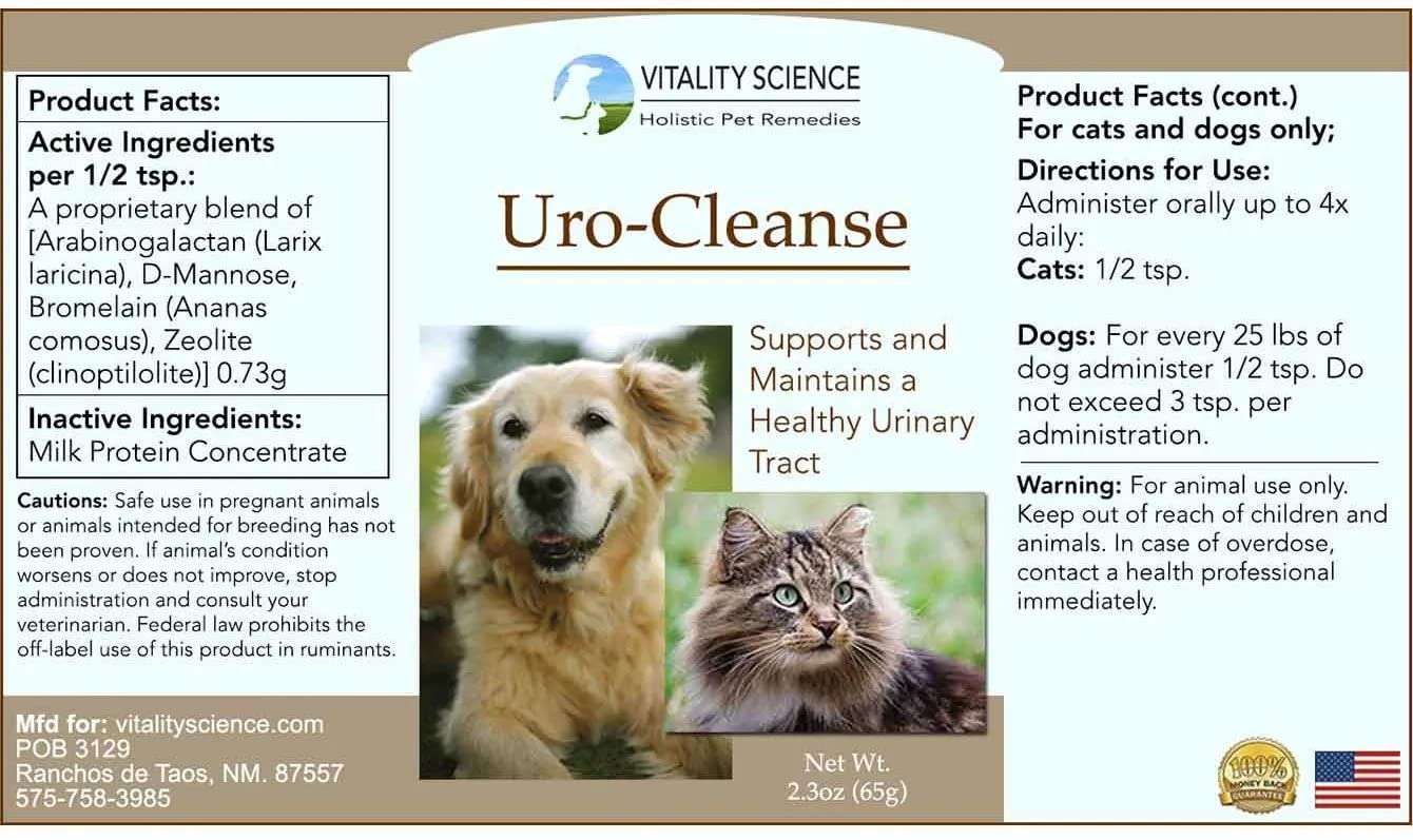 Vitality Science URO-Cleanse for Cats | Natural Aid for Urinary Tract, Bladder, Kidney Health | D-Mannose, Arabinogalactan, Zeolite | Prevents and Eliminates UTI, Bladder Infections and Incontinence