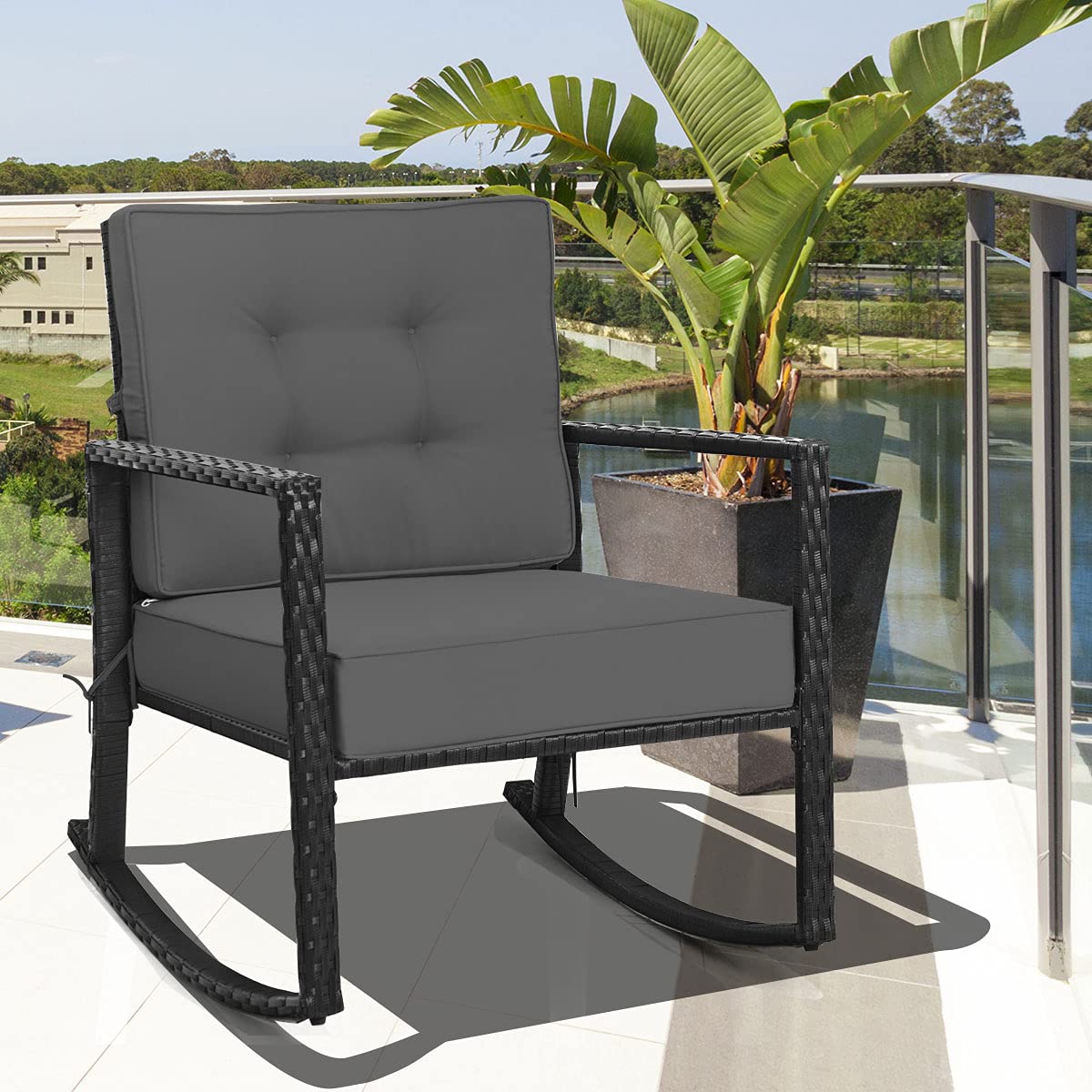 RELAX4LIFE Wicker Outdoor Rocking Chair - All Weather Rattan Rocker Patio Chair w/Steel Frame Removable Cushions & Armrest, Rocker Chair Outdoor Furniture for Backyard Porch Poolside (1, Grey)