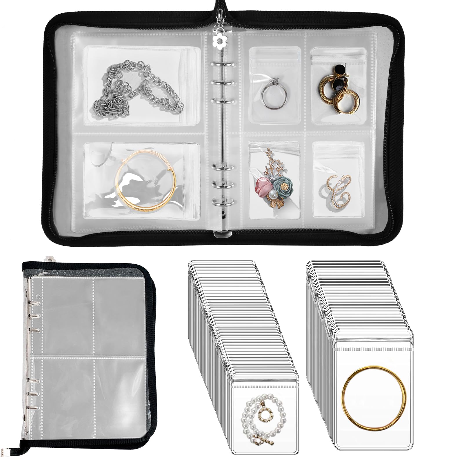 Travel Jewelry Organizer Transparent Jewelry Storage Book Set with Anti-oxidation Pocket Traveling Necklace Earring Organizer for Ring, Bracelets, Postcard (120 Grids +75 Thicken PVC Zipper Bags)