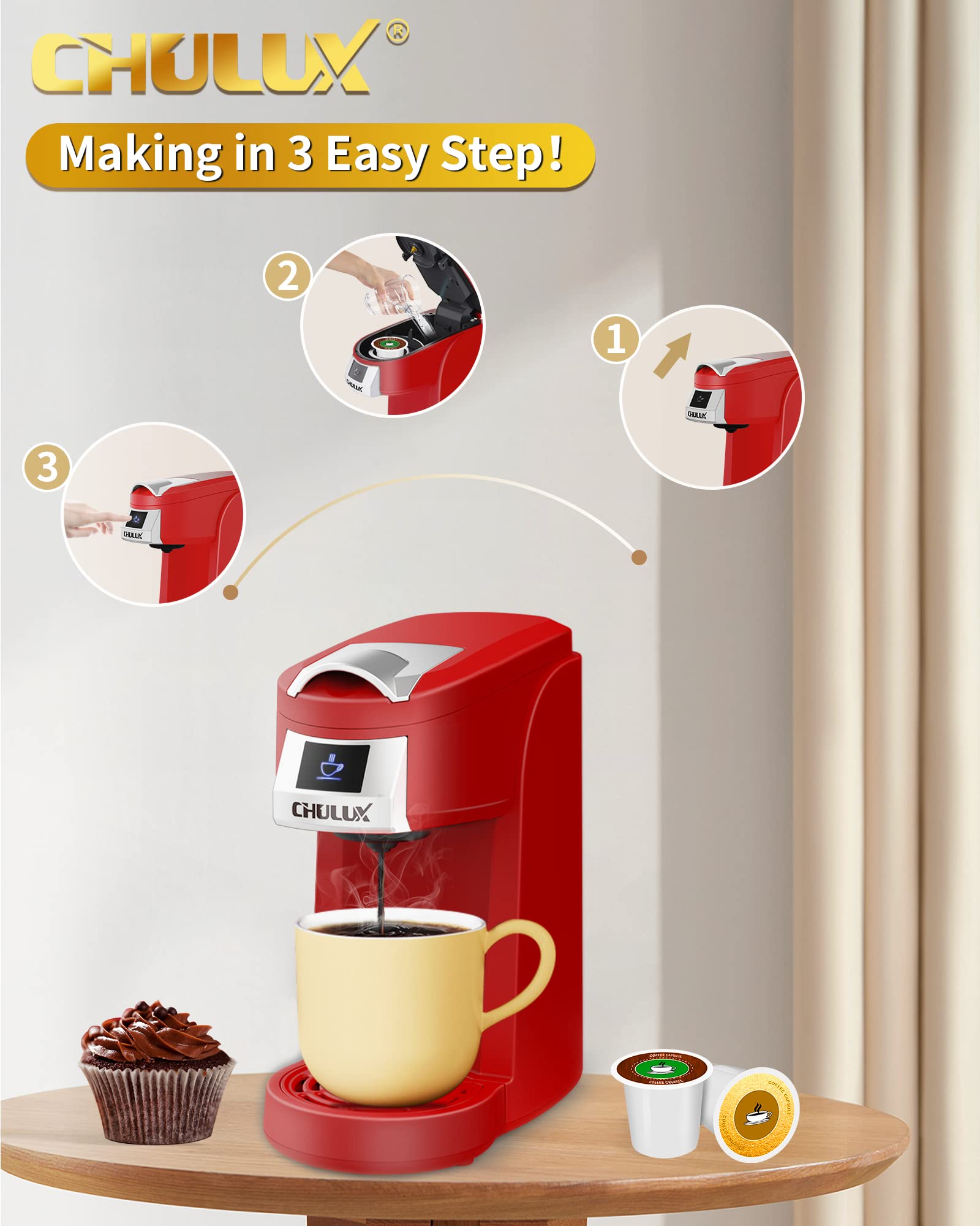 CHULUX Single Serve Coffee Maker, Red Single Cup Coffee Machine for K Cup & Ground Coffee, 5 to 12oz Brew Sizes in Mins for Home, Office, Travel, Kitchen