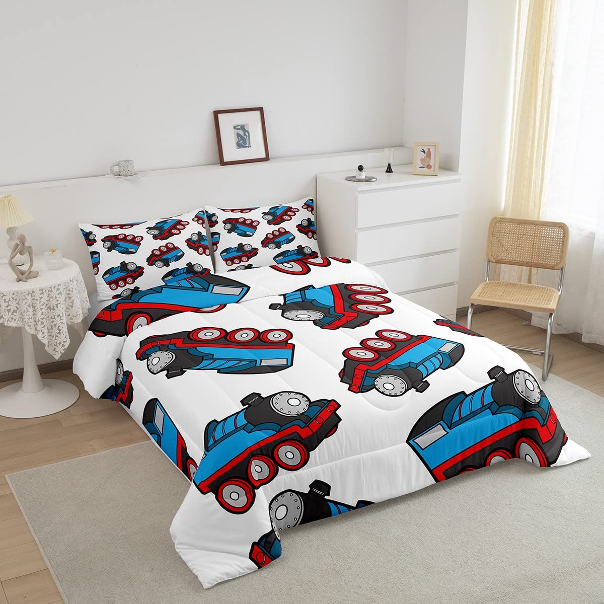 Train Bedding Set Kids Cartoon Car Comforter Set Boys Girls Train Travel Decor Comforter Microfiber Train Construction Red Blue Duvet Set Bedroom Quilt Set Full Size