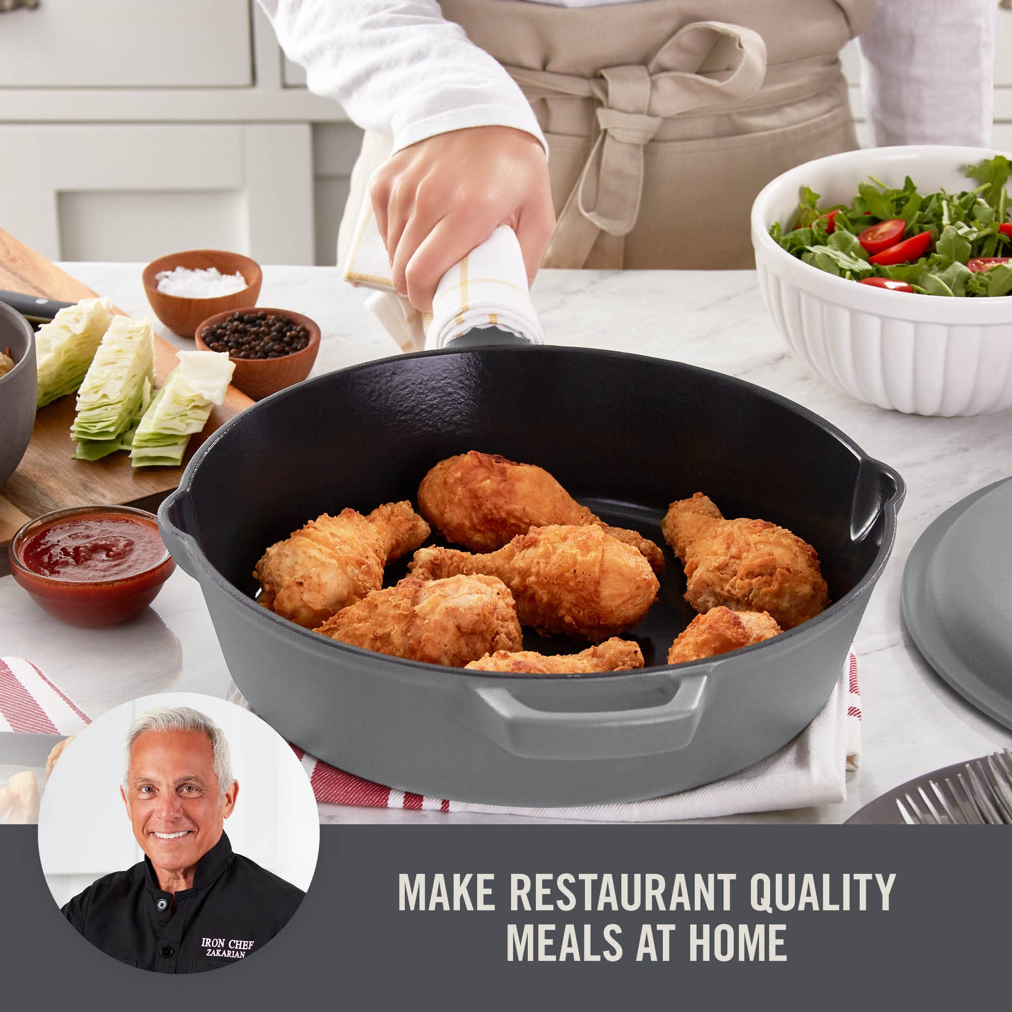 Zakarian By Dash 4.5QT Nonstick Cast Iron Deep Skillet with Cast Iron Lid for Family-Sized Meals, Frying, Roasting, Baking, One-Pot Meals and More - Grey