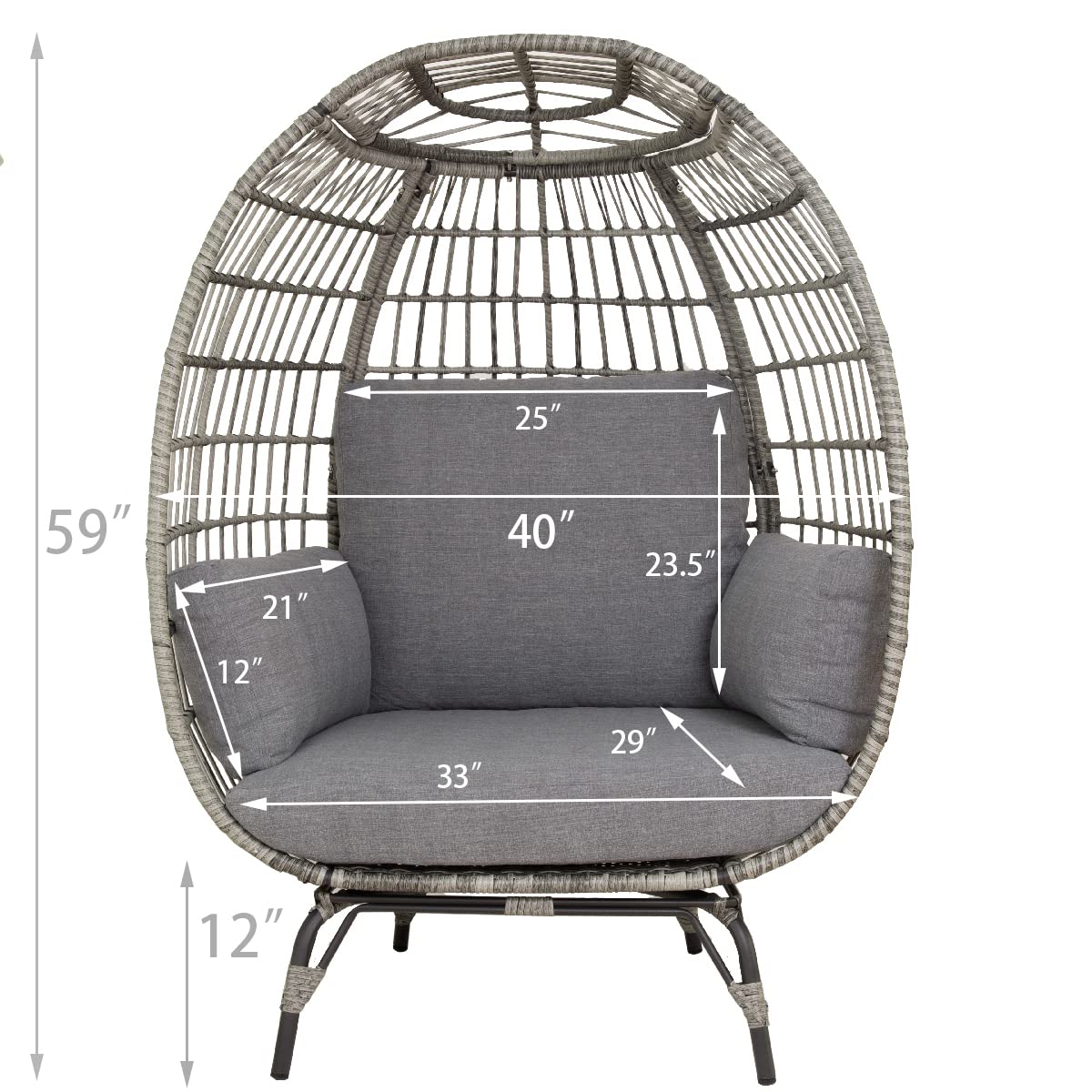 Barton Oversized Egg Style Wicker Chair Canopy Stationary & Seat Cushions Patio Lounge Basket, Grey